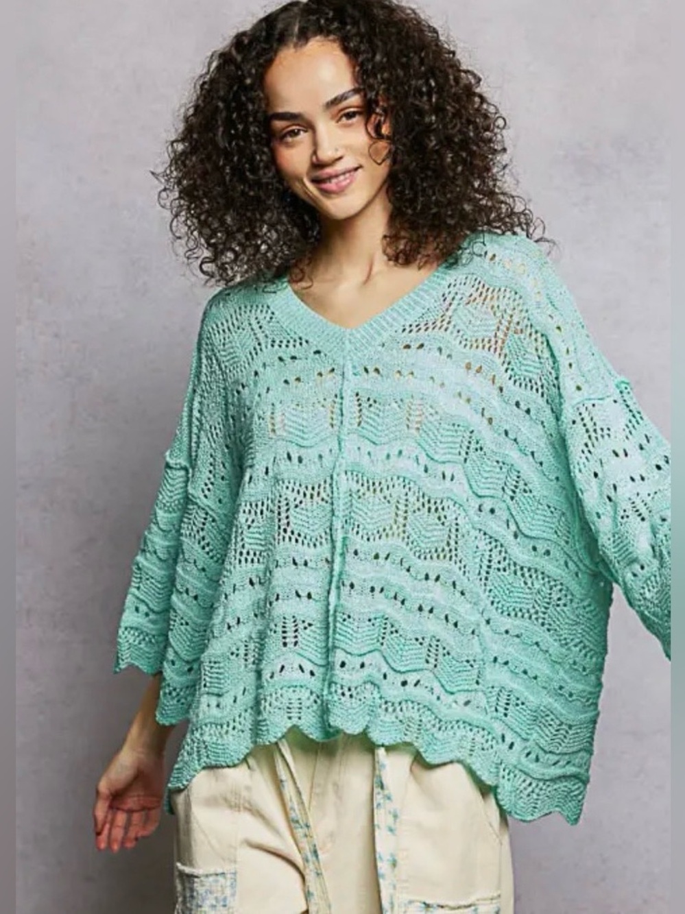 POL Light Aqua V-Neck Crochet Sweater - Women's Size Small